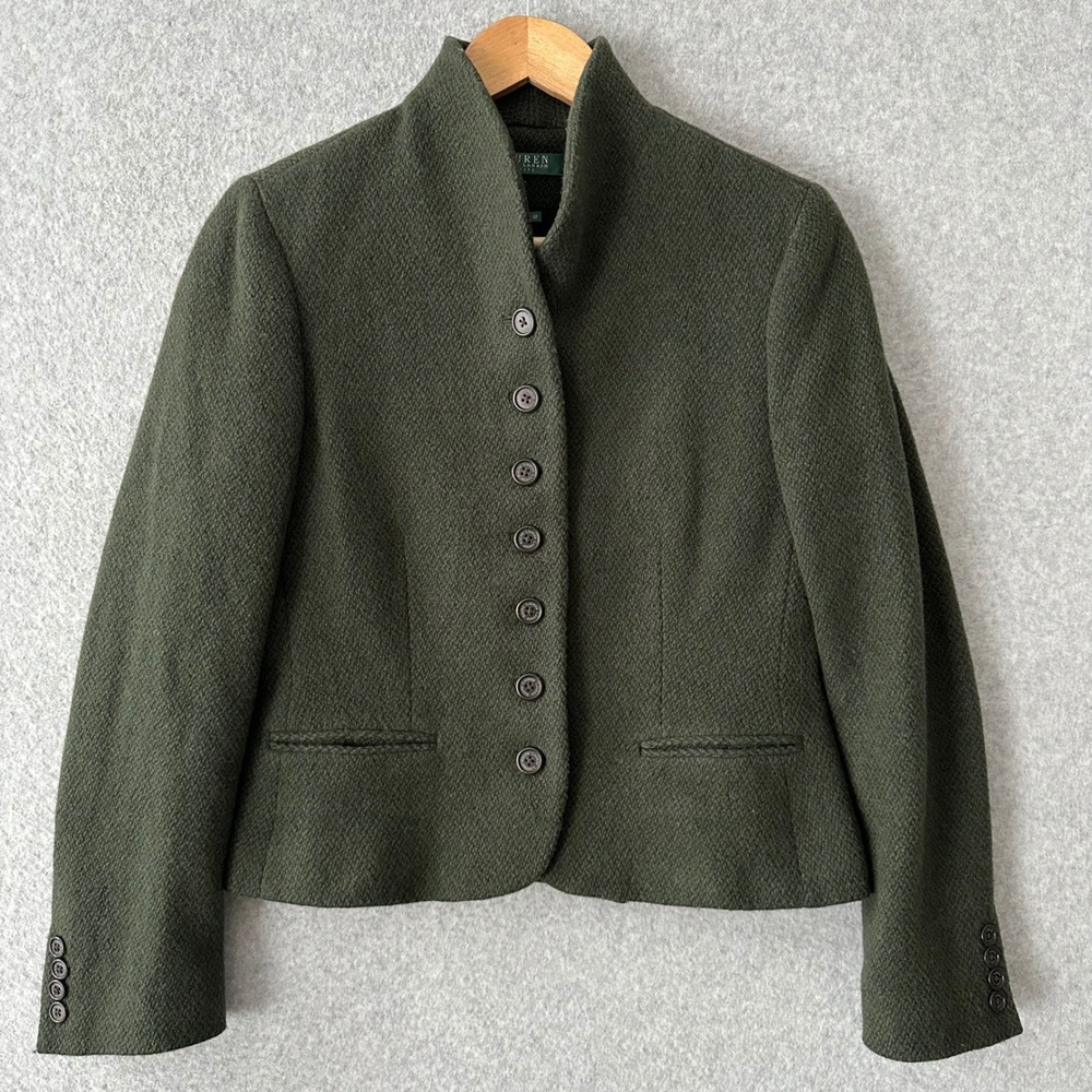 VTG 90s Lauren Ralph Lauren Green Wool Stand Collar Blazer Riding Jacket 6P